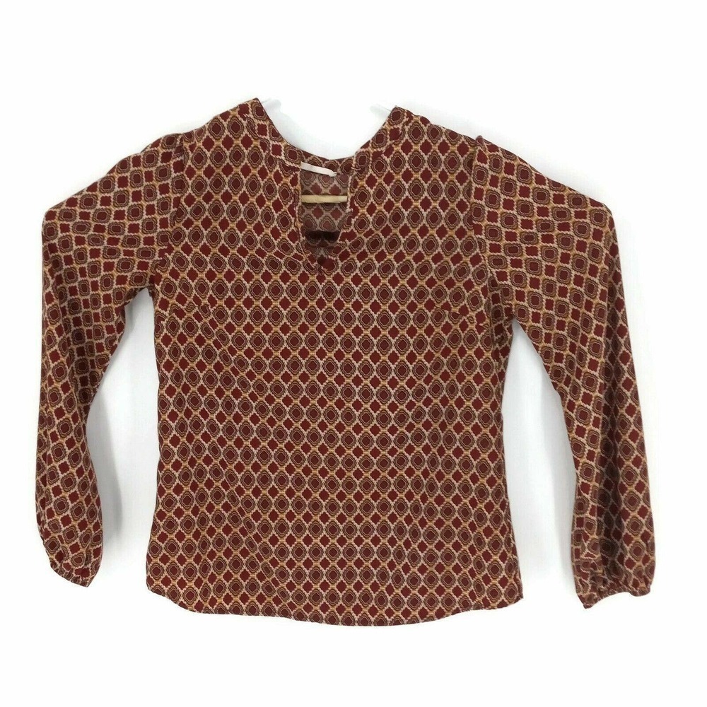 Ezra Womens Blouse Red Geometric Long Sleeve Notch Neck Pullover Top S